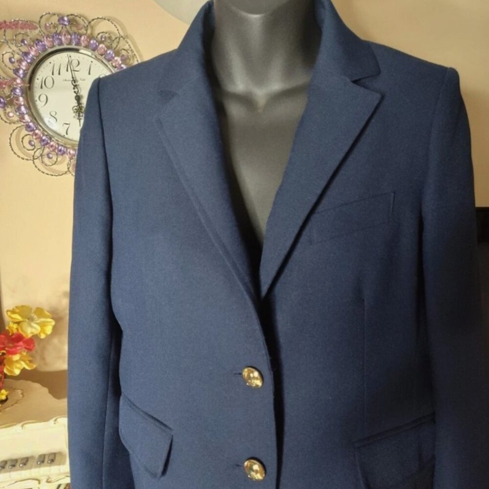 QMack Women's Blazer Navy Blue Gold Buttons Front Size 6